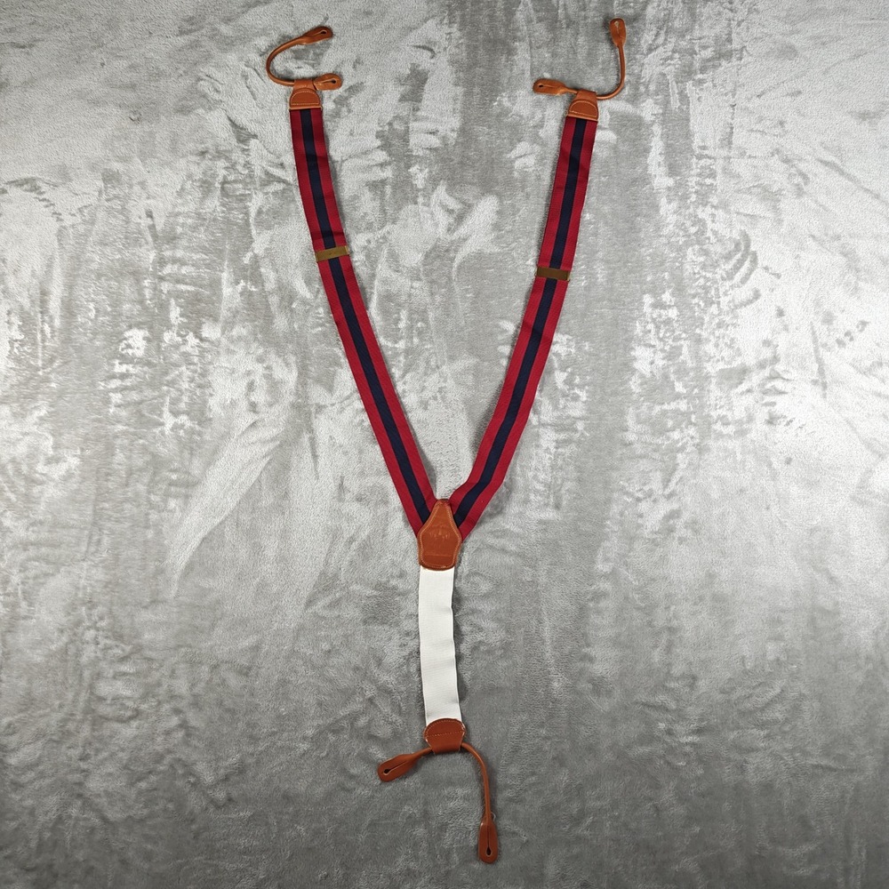 Brooks Brothers Suspenders Mens One Size Red Blue Striped Leather Button Preppy